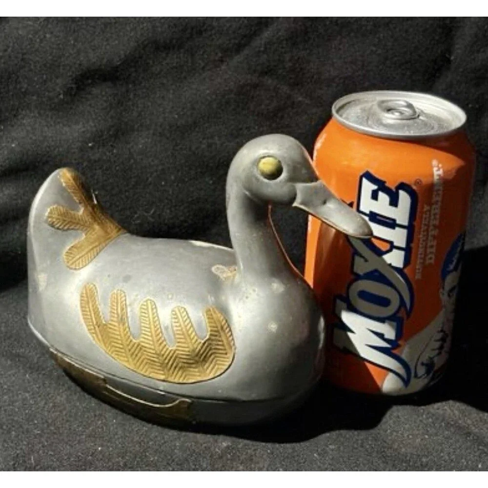 Vintage Pewter & Brass Duck Trinket Dish – Lidded Metal Bird Jewelry Box MCM